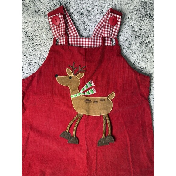 Mulberry ST Toddler 24m Corduroy Red Reindeer Appliqué Vintage Overalls USA Made - Picture 3 of 6